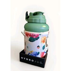 HYDROJUG Water Hydration Bottle Green with Floral Print Sleeve & Straw 73 Oz NEW
